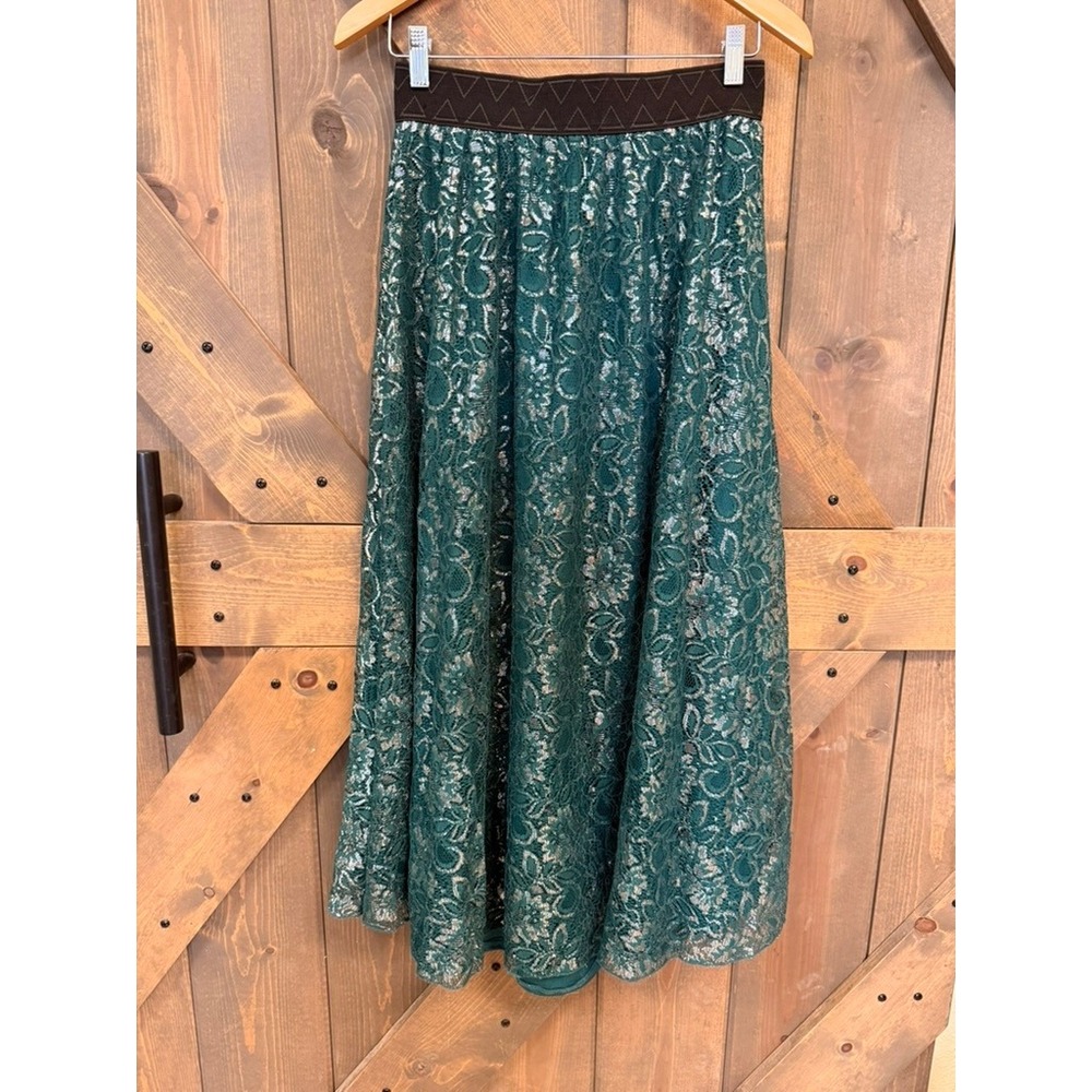 LuLaRoe Lola Skirt Women Small Teal Green Silver Metallic Lace NWOT Midi A-Line